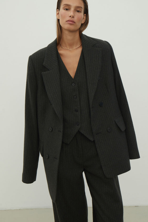 Double-breasted woolen jacket in a gray-green stripe