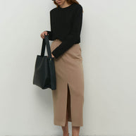 Midi skirt with front slit in cappuccino/black