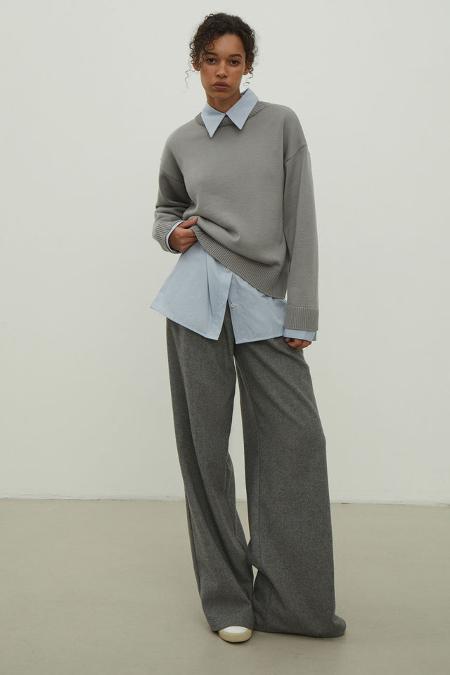 Gray merino wool round neck sweater