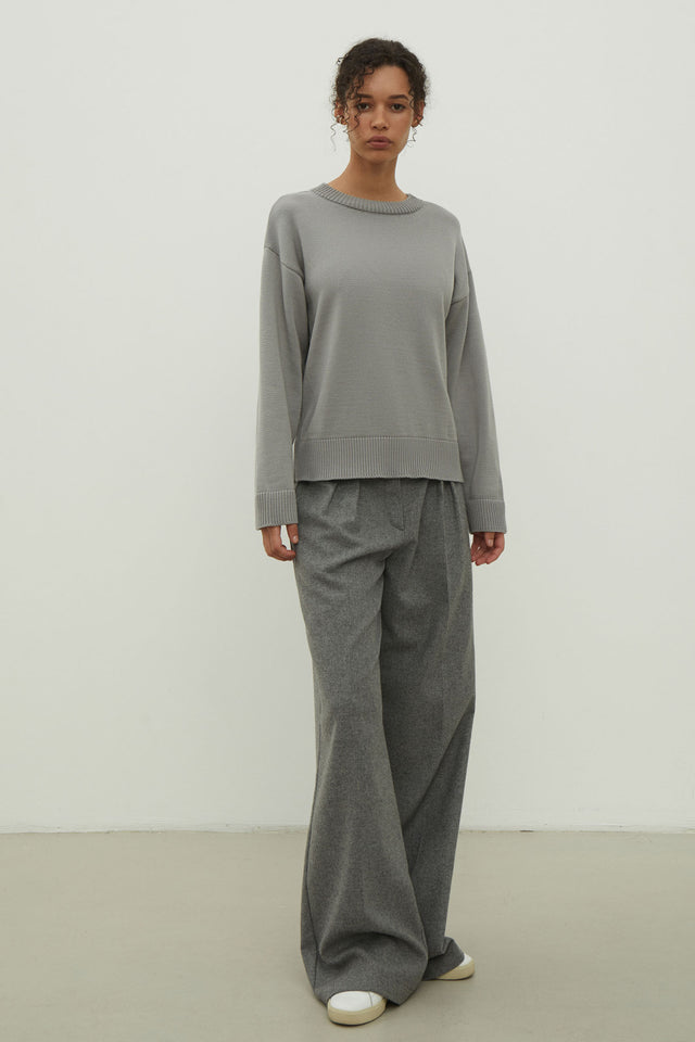 Gray merino wool round neck sweater