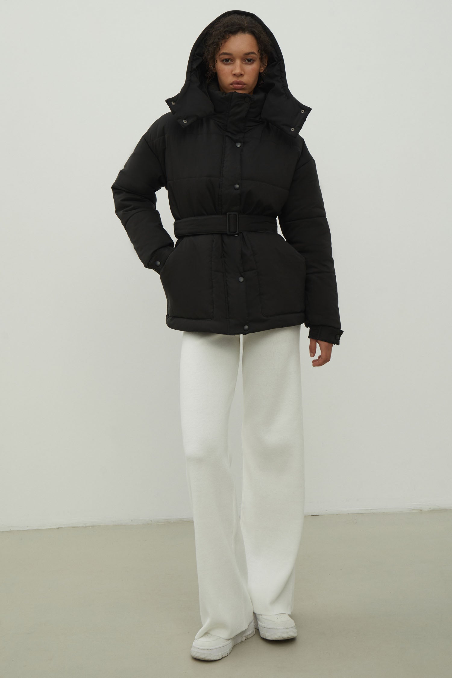 Women's jacket with a belt in graphite color