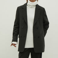Double-breasted woolen jacket in a gray-green stripe