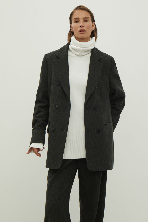 Double-breasted woolen jacket in a gray-green stripe