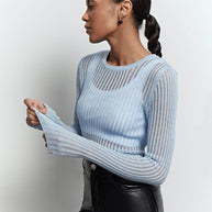 Sheer knitted crew neck jumper in pink/sky blue