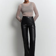 Sheer knitted crew neck jumper in orange/cappuccino