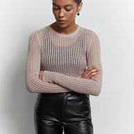 Sheer knitted crew neck jumper in orange/cappuccino