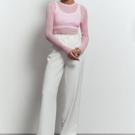 Sheer knitted crew neck jumper in pink/sky blue