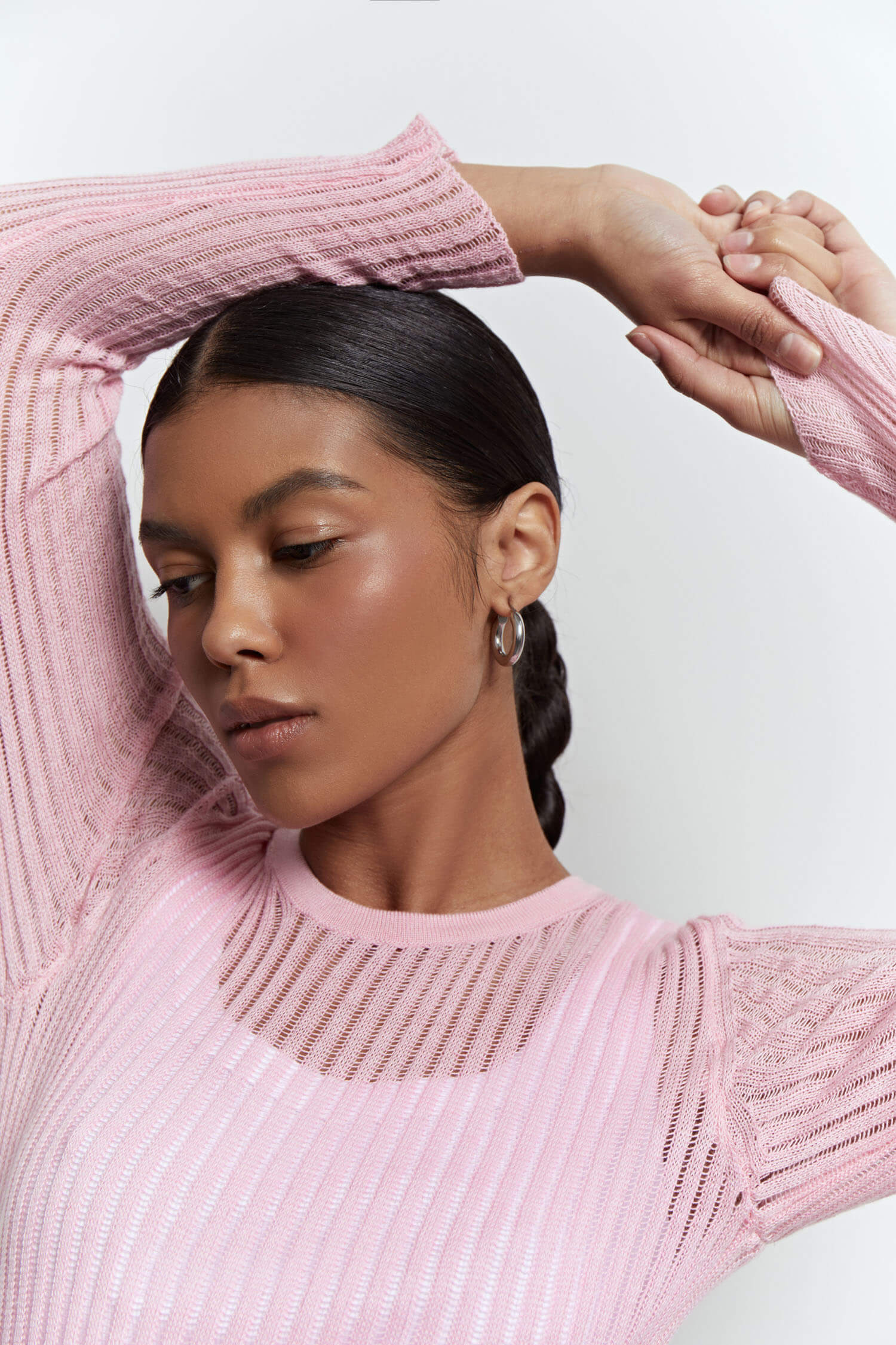 Sheer knitted crew neck jumper in pink/sky blue