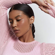 Sheer knitted crew neck jumper in pink/sky blue