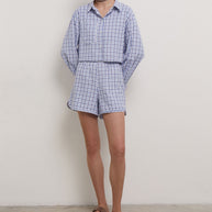 Oversized cotton shorts in blue check (eco)