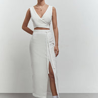 Linen midi skirt with cut