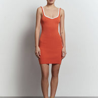 Knitted mini dress with edging in orange/black