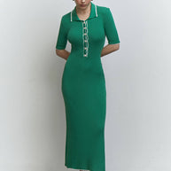 Knitted midi dress with edging in green/yellow