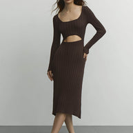 Jersey midi dress with figured cut in olive/chocolate