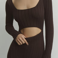 Jersey midi dress with figured cut in olive/chocolate