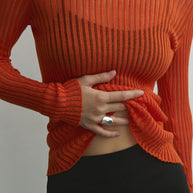 Sheer knitted crew neck jumper in orange/cappuccino