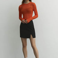 Sheer knitted crew neck jumper in orange/cappuccino