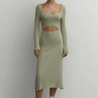 Jersey midi dress with figured cut in olive/chocolate