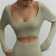 Jersey midi dress with figured cut in olive/chocolate