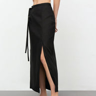 Linen midi skirt with cut