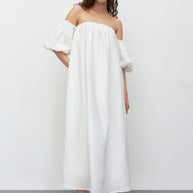 Linen dress with voluminous short sleeves