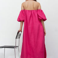 Linen dress with voluminous short sleeves